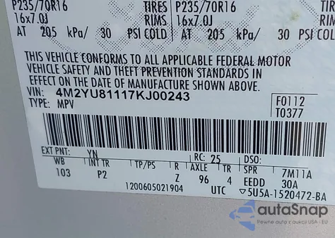 2007 Mercury Mariner Luxury из США, поврежденный, VIN 4M2YU81117KJ00243